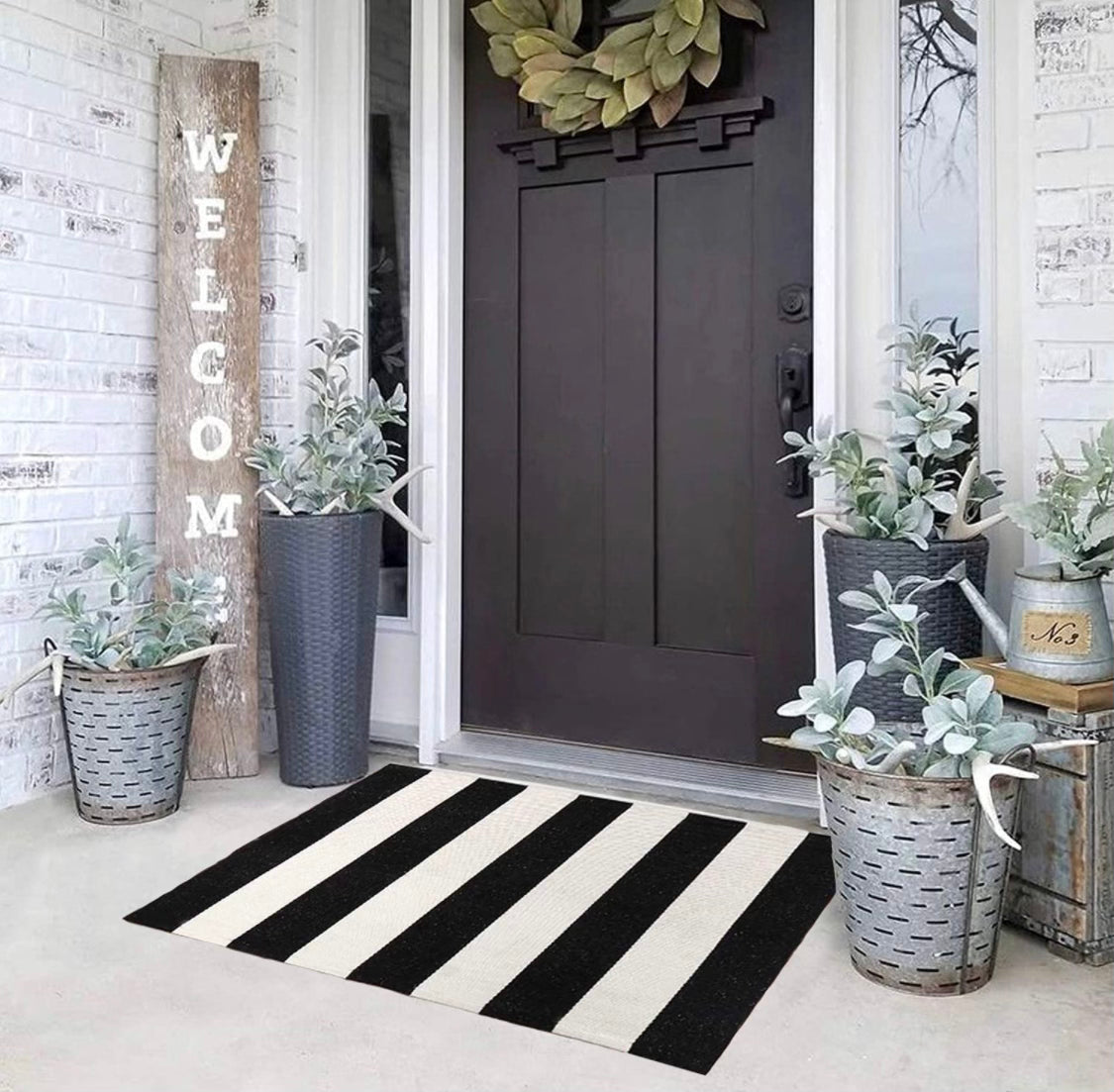 Black + White Striped Layering Rug The Doormat Company
