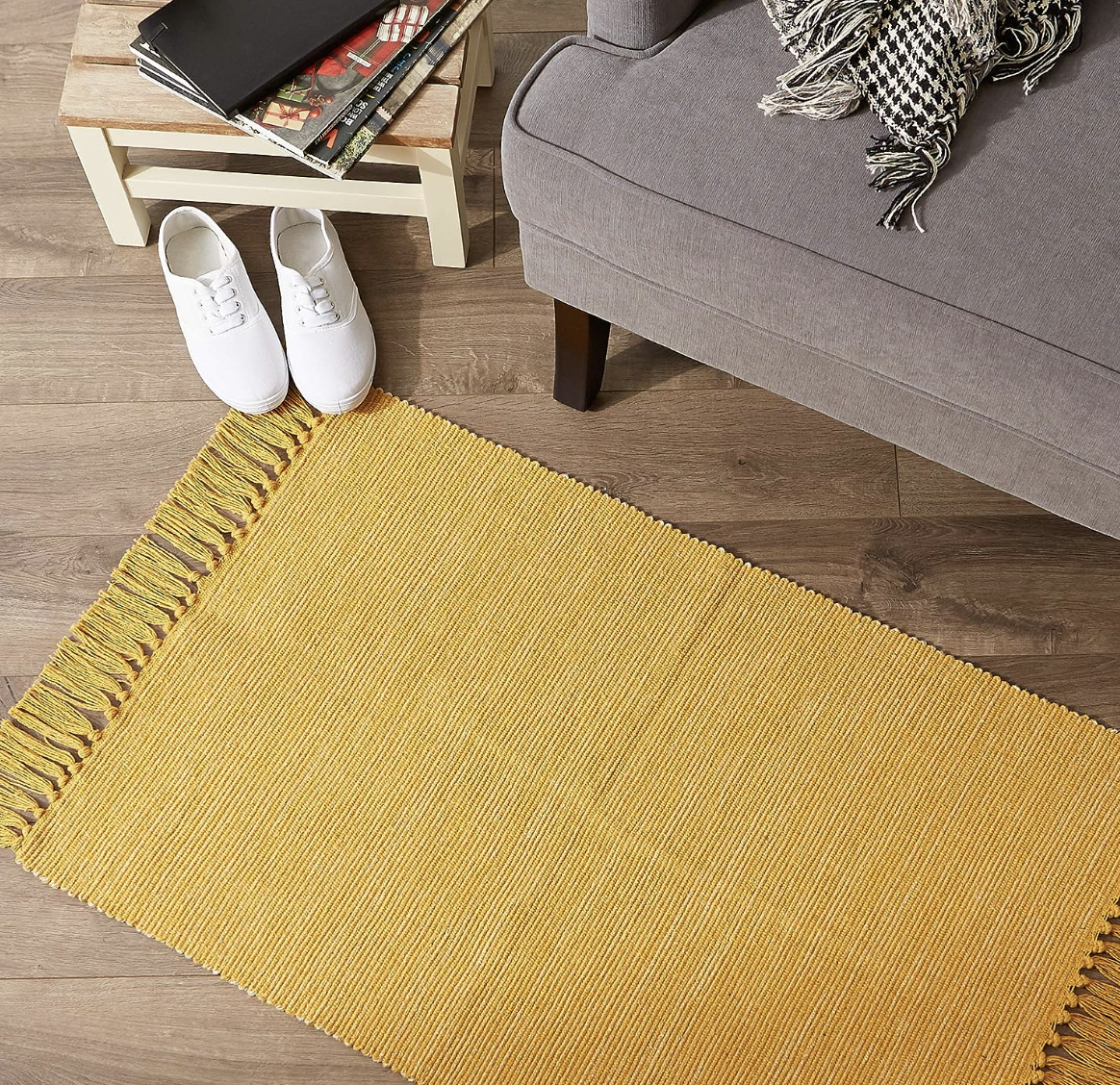 Solid Yellow With Tassels Layering Rug