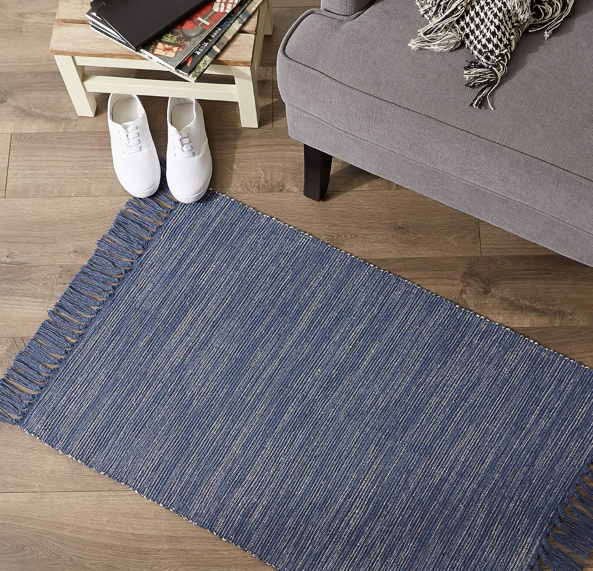 Solid Blue With Tassels Layering Rug