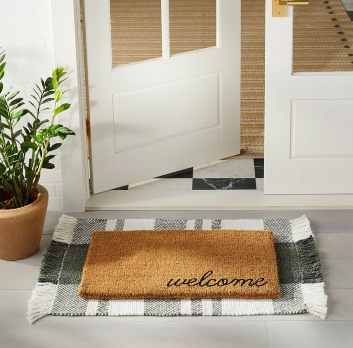 Green + Ivory Fringe Layering Rug