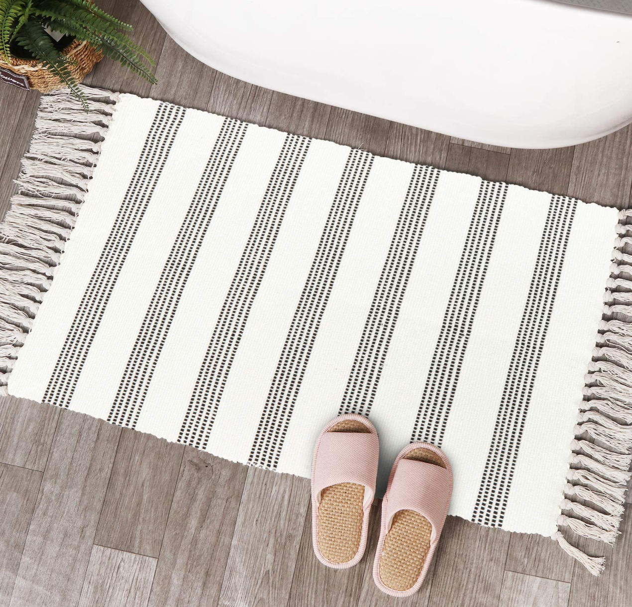 White Striped Tassel Layering Rug